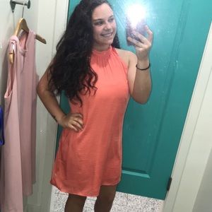 Coral dress with high neck line